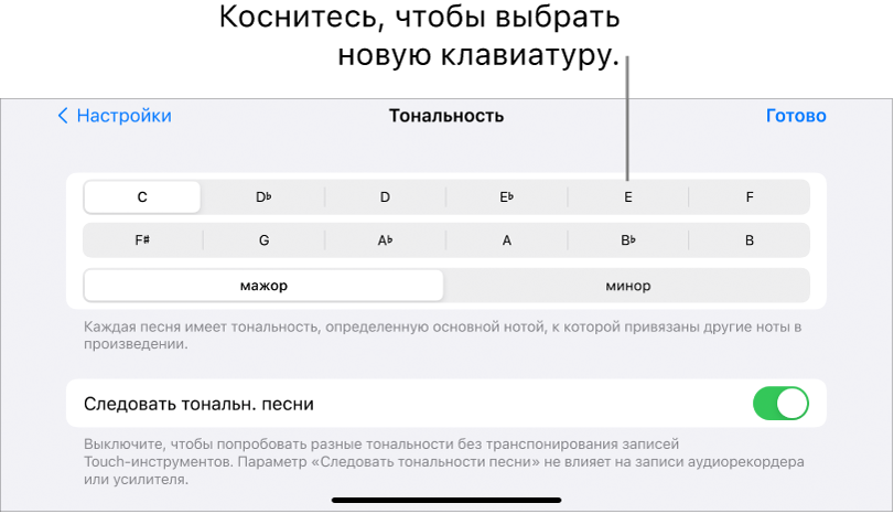 Элементы управления тональностью в настройках песни