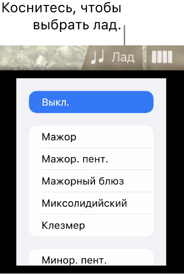 Список ладов и кнопка «Лад» басового инструмента