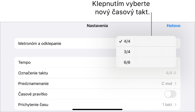 Ovládanie časového taktu v nastaveniach skladby