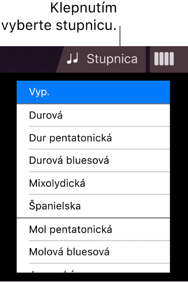 Tlačidlo Stupnica a zoznam stupníc nástroja Sláčiky