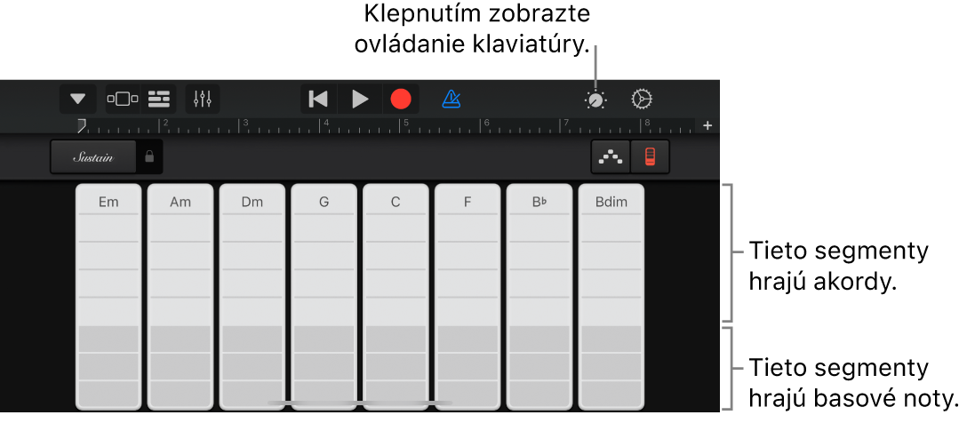 Pruhy s akordmi na klaviatúre