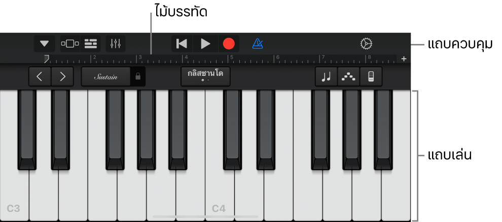 เครื่องดนตรีสัมผัสจะแสดงแถบเล่น