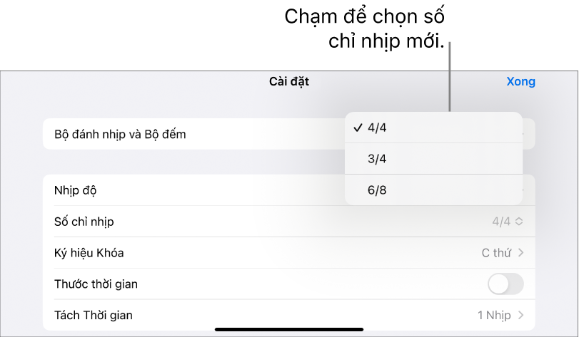 Bộ điều khiển ký hiệu thời gian trong Cài đặt bài hát