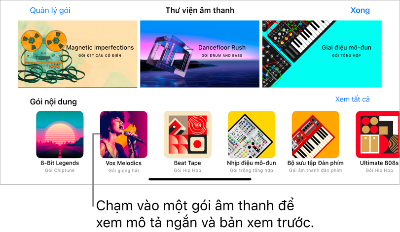 Chạm vào một nội dung để xem phần mô tả ngắn và bản xem trước.