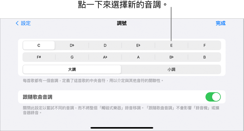 「歌曲」設定中的「音調」控制項目