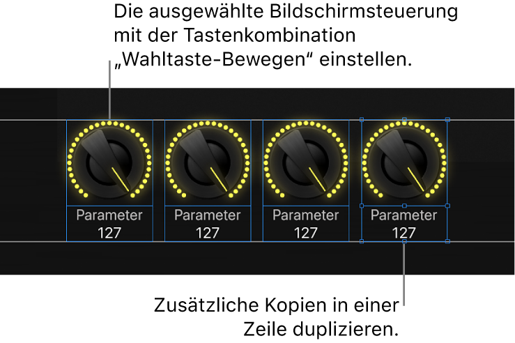 Abbildung. Bewegen einer Bildschirmsteuerung bei gedrückter Option-Taste und anschließende Auswahl von „Bearbeiten“ > „Duplizieren“ zum Erstellen zusätzlicher Kopien in einer Reihe oder Spalte