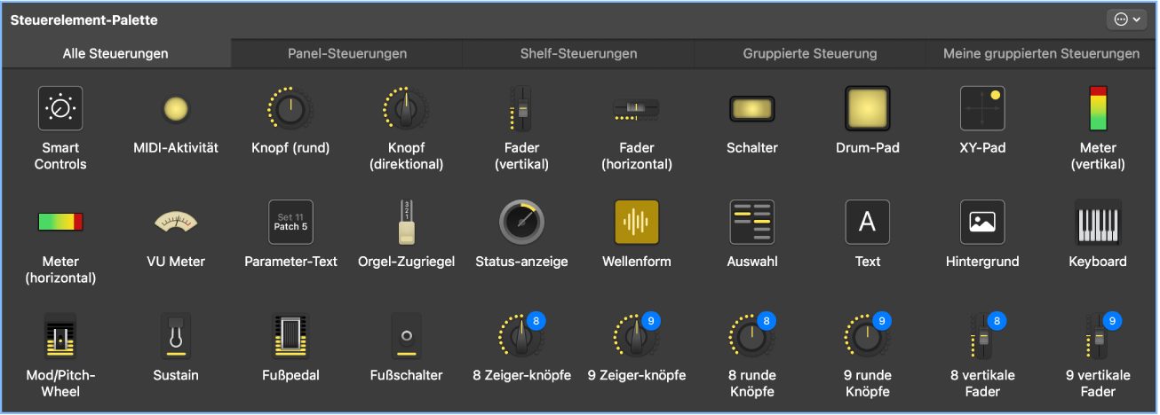 Abbildung. Palette „Bildschirmsteuerungen“ mit allen Typen von Bildschirmsteuerungen