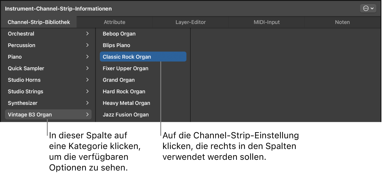 Abbildung. Channel-Strip-Bibliothek mit ausgewähltem Channel-Strip-Setting