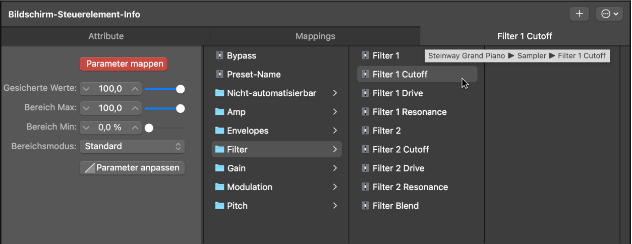 Abbildung. Tab „Ungemappt“ mit dem Namen des gemappten Parameters und dem eingeblendeten Pfad des gemappten Parameters