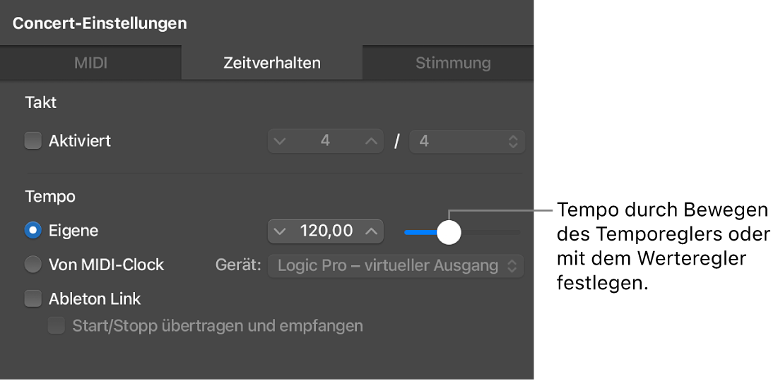 Abbildung. Das Ziehen des Reglers „Tempo“ im Bereich „Timing“ des Informationsfensters „Concert-Einstellungen“.