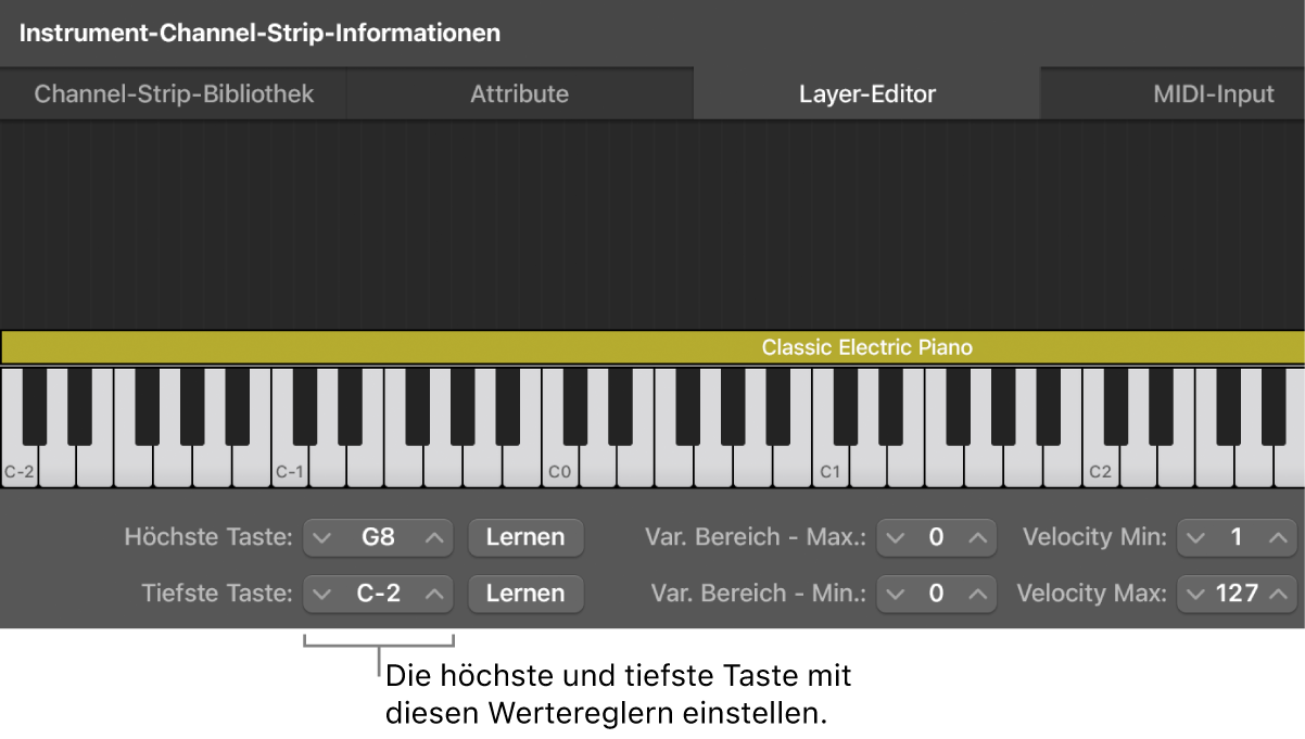 Abbildung. Definieren des Tonumfangs für einen Channel-Strip mit den Wertereglern „Tiefste Taste“ und „Höchste Taste“