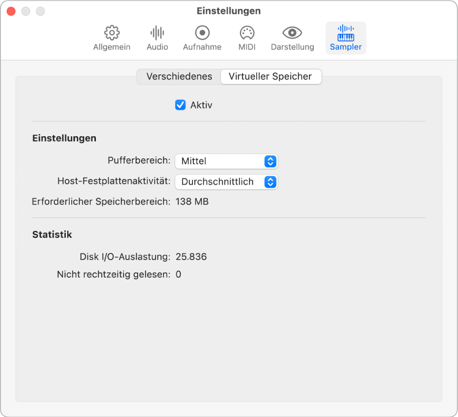 Der Bereich „Sampler-Einstellungen > Virtueller Speicher“.