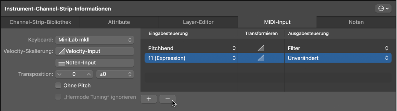Abbildung. Controller-Transform durch Klicken auf die Taste „-“ entfernen