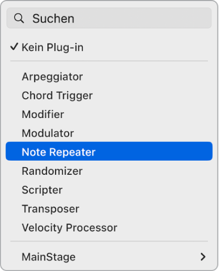 Abbildung. Auswählen eines MIDI-Effekts aus dem Einblendmenü