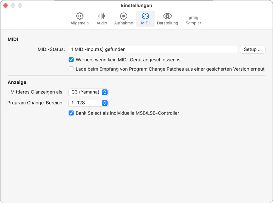 Abbildung. Der Bereich „MIDI-Einstellungen“.