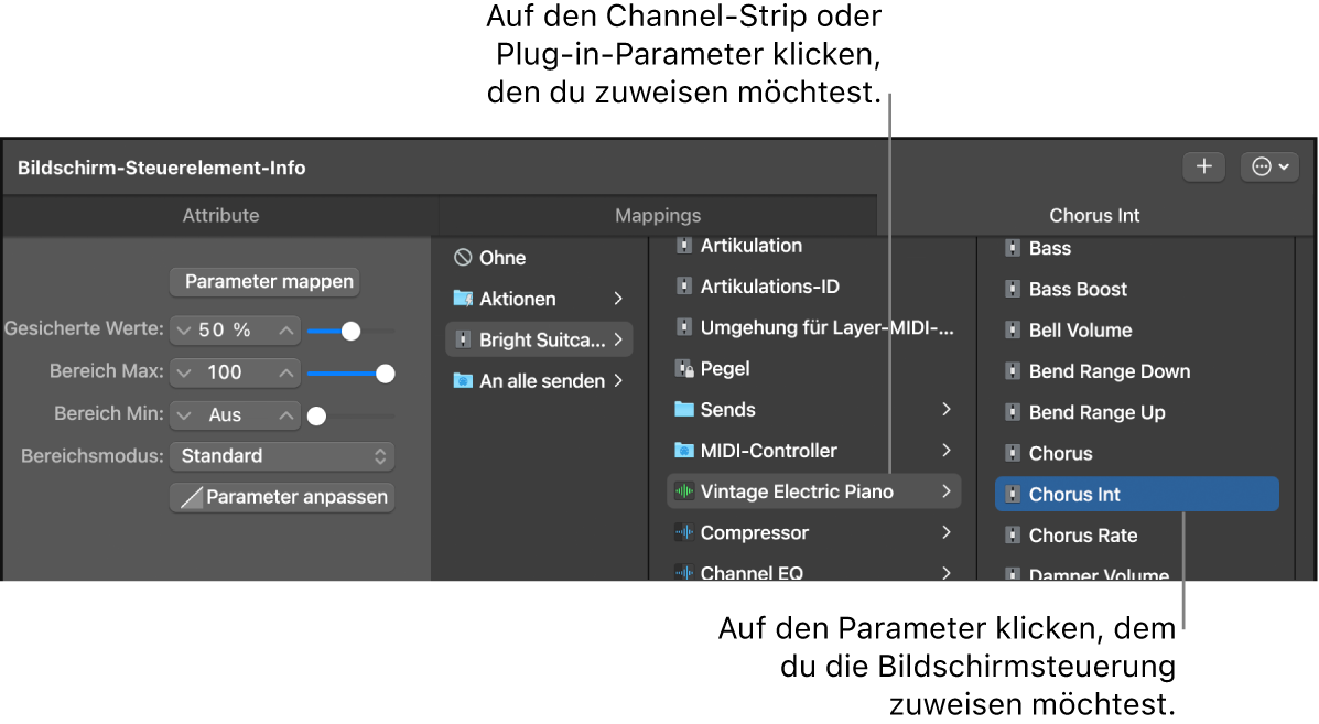 Abbildung. Mapping für eine Bildschirmsteuerung mithilfe der Übersicht „Parameter-Mapping“