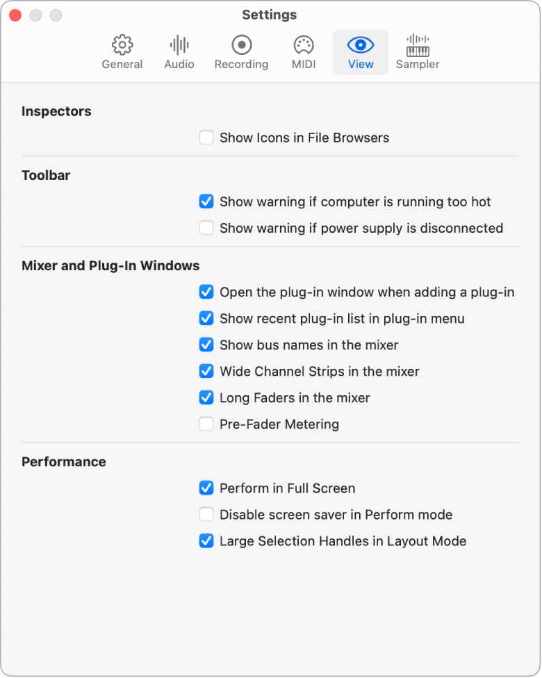 Figure. The Settings View pane.