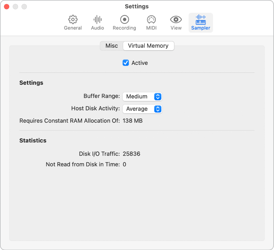 The Settings Sampler Virtual Memory pane.