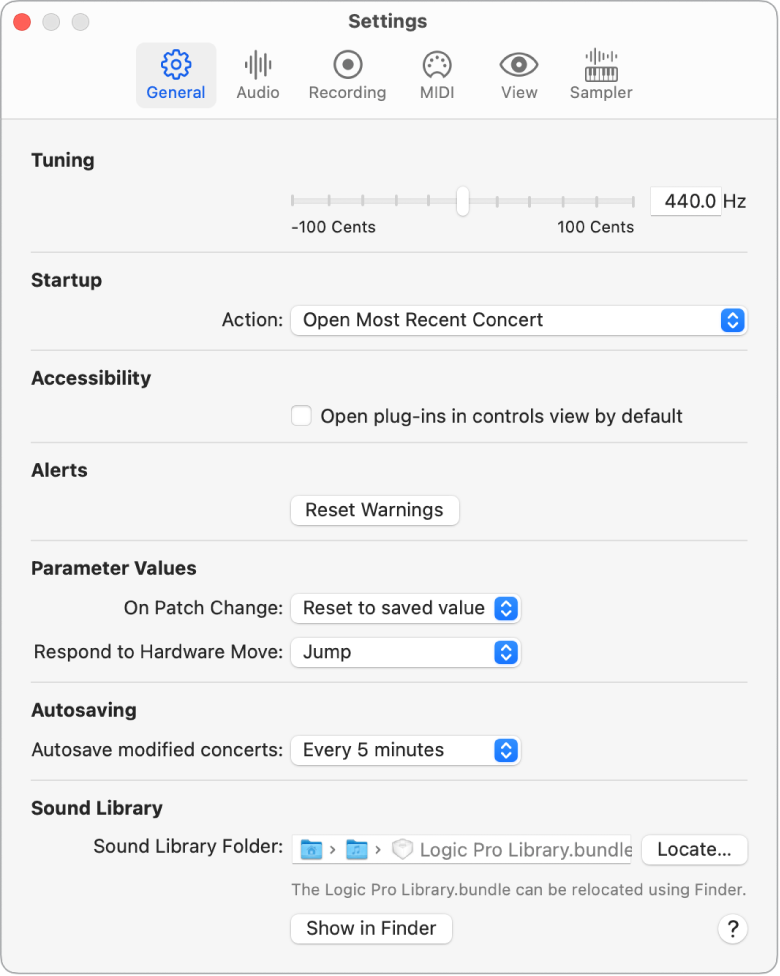 Figure. The Settings General pane.