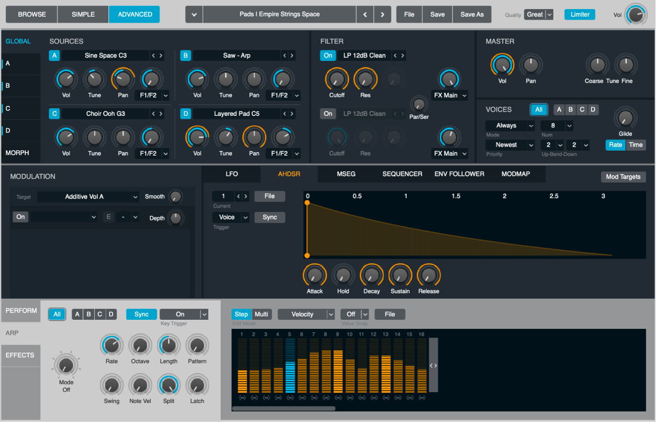 Figure. Advanced view, showing Name bar, source, modulation, and Arp sections.