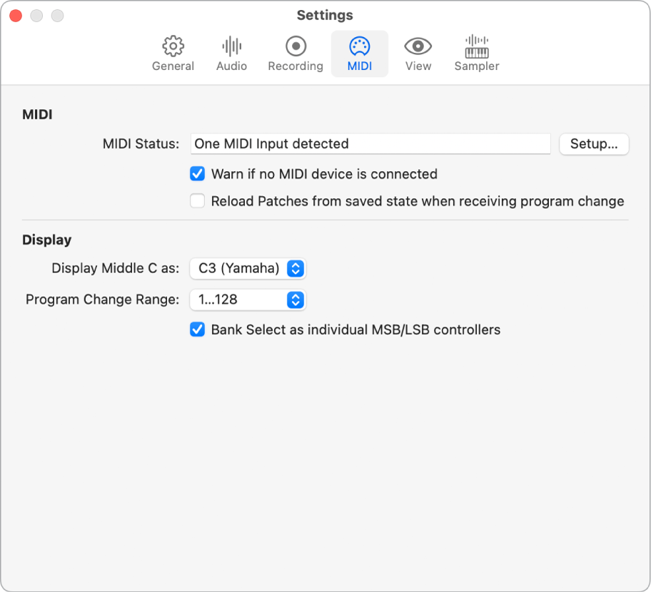 Figure. The Settings MIDI pane.