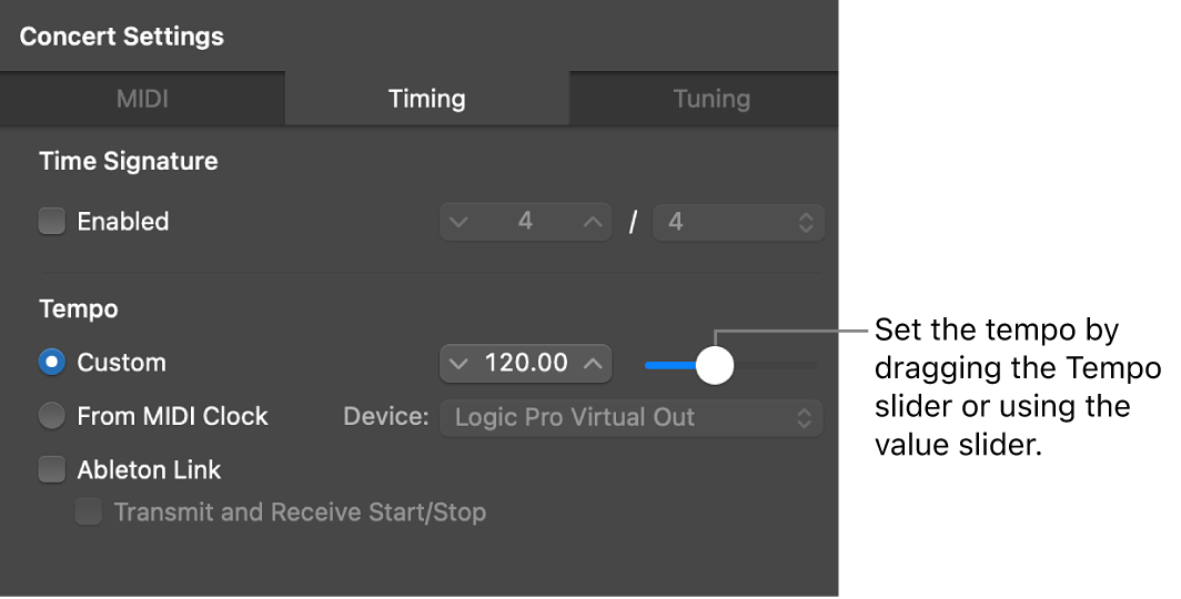 Figure. Dragging the Tempo slider in the Timing pane of the Concert Settings Inspector.
