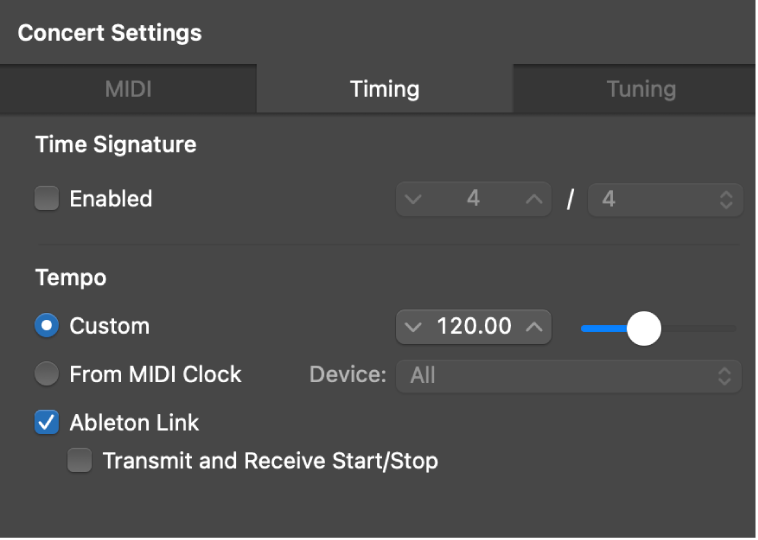 Figure. Ableton Link selected in the Timing pane of the Concert Settings Inspector.