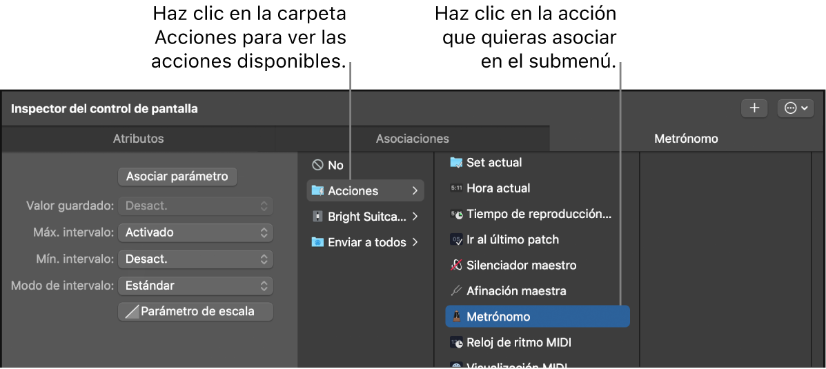 Ilustración. Asignación de un control de pantalla a una acción en la carpeta Acciones.