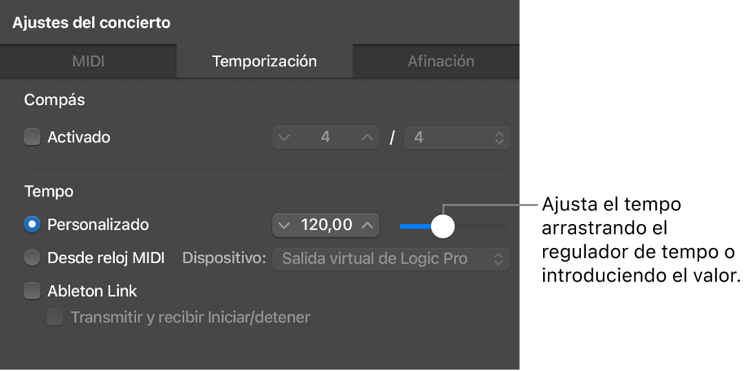 Ilustración. Arrastre del regulador Tempo en el panel Temporización del inspector de ajustes del concierto.