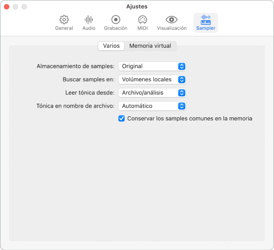 El panel de ajustes varios del sampler.
