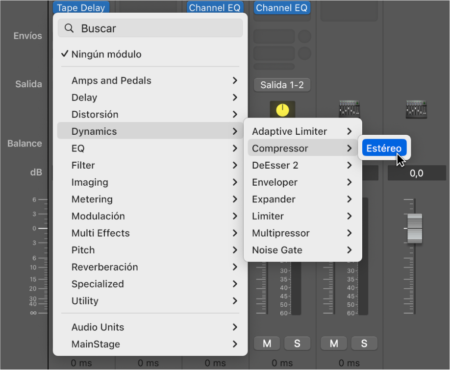 Ilustración. El menú de módulos de efectos de audio con el puntero sobre el módulo Compressor.
