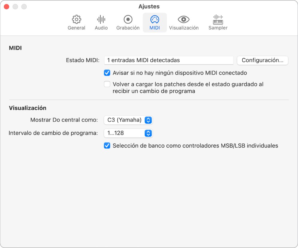Ilustración. El panel de ajustes MIDI.