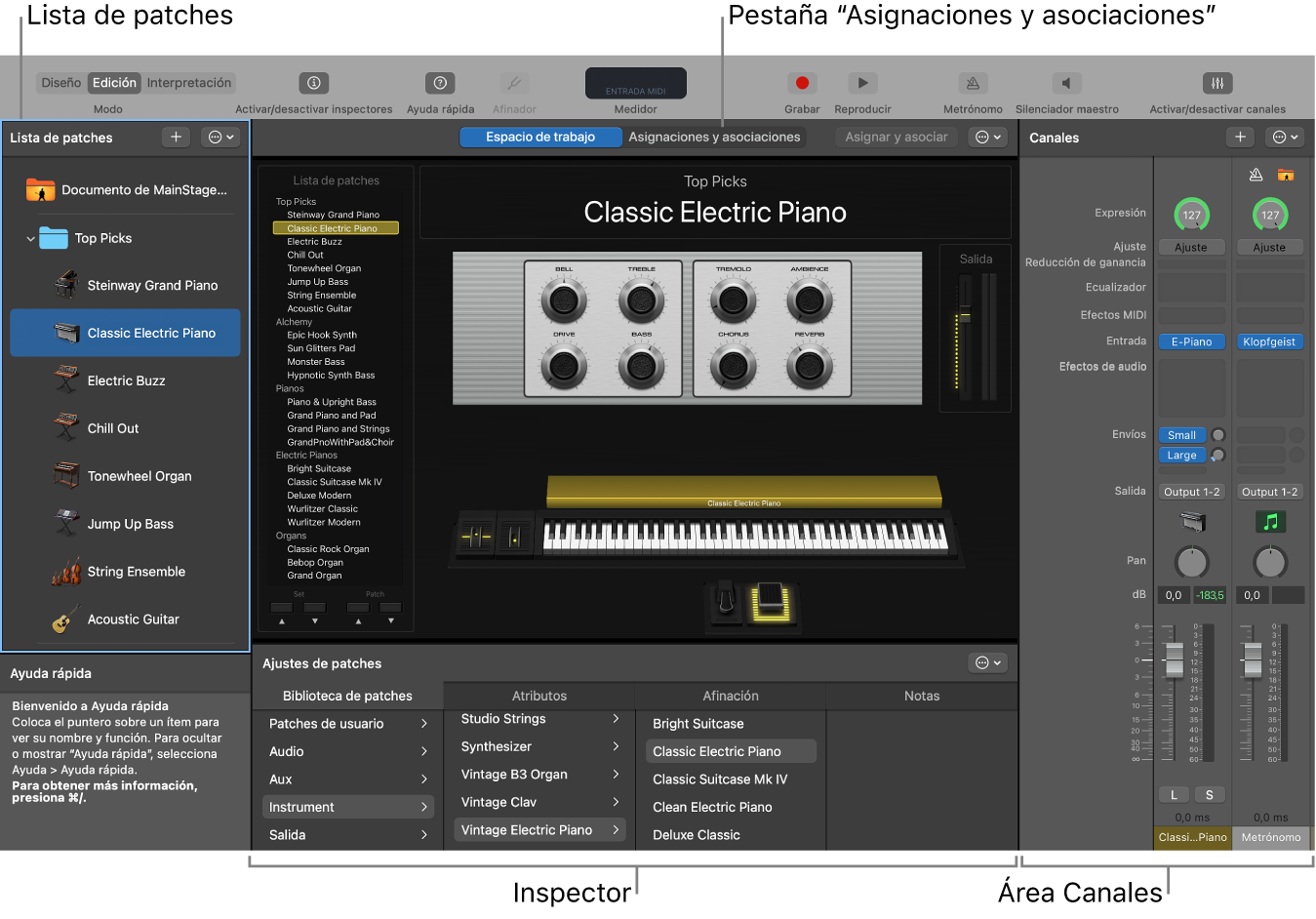 Ilustración. Modo de edición, con las áreas “Lista de patches”, “Inspector” y “Canales”.
