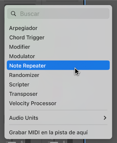 Ilustración. El menú de módulos de efectos MIDI con el puntero sobre el módulo Note Repeater.