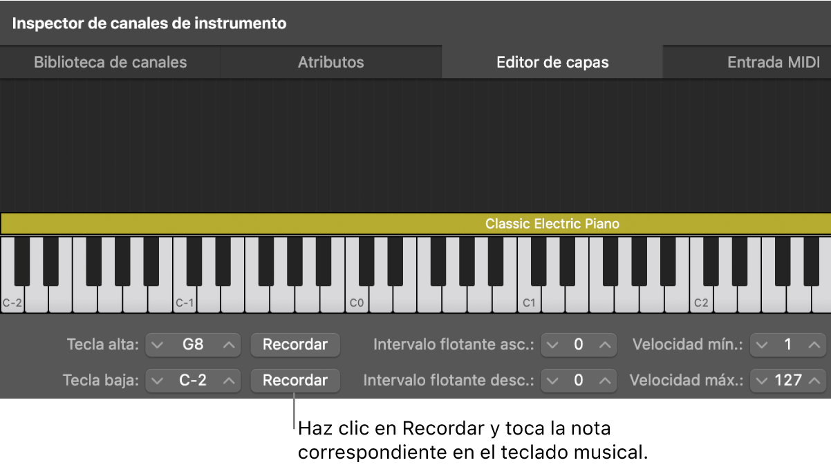 Ilustración. Ajuste del intervalo de teclas de un canal
