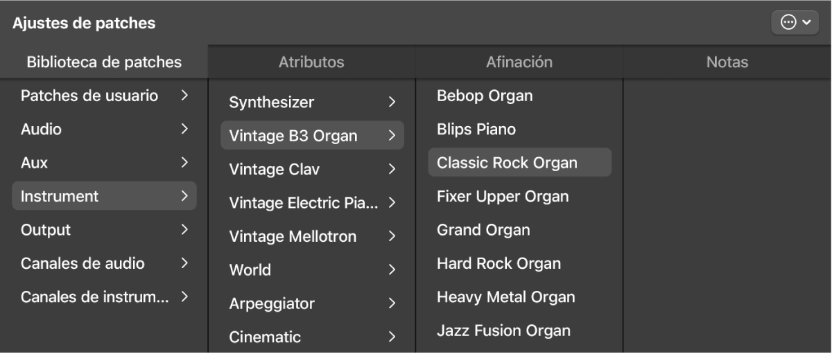 Ilustración. La biblioteca de patches con un ajuste de patch seleccionado