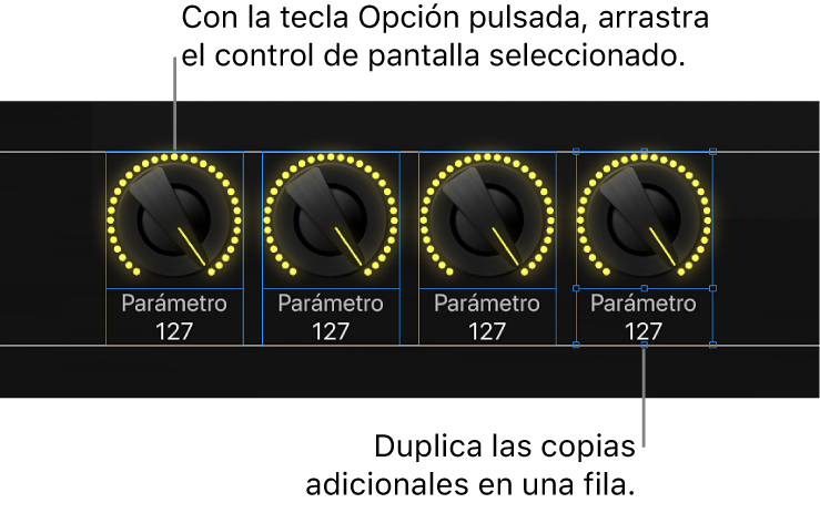 Ilustración. Arrastra un control de pantalla con la tecla Opción pulsada y, a continuación, duplica las copias adicionales para crear una fila o columna.