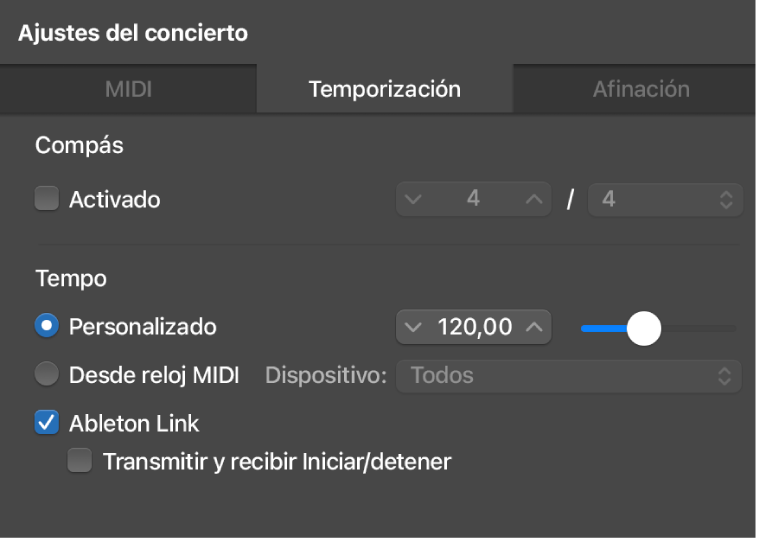Ilustración. Ableton Link seleccionado en el panel Temporización del inspector de ajustes del concierto.