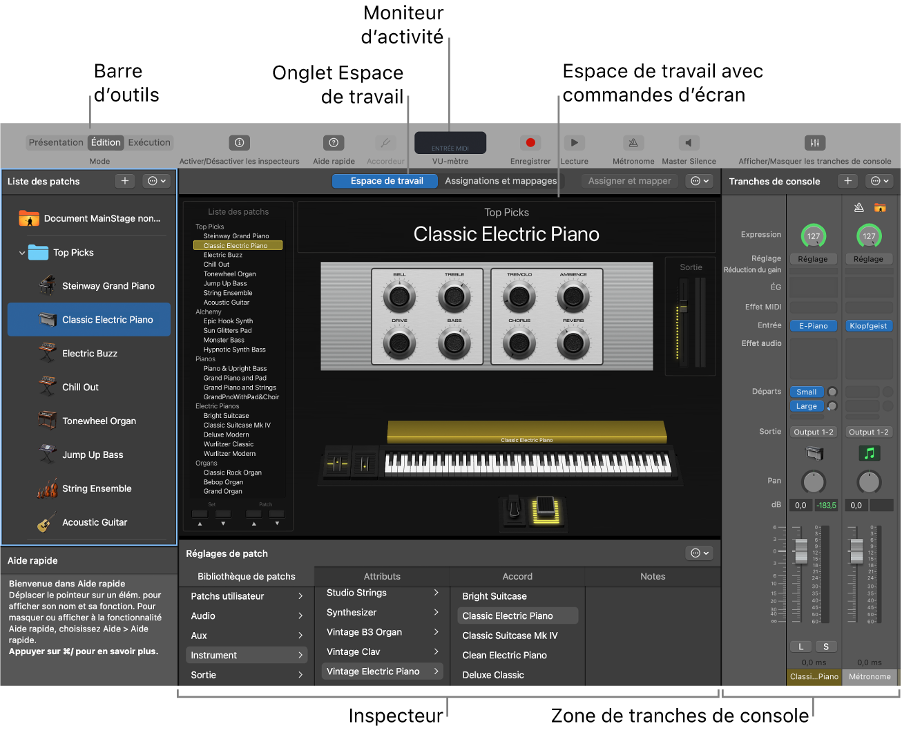 La fenêtre de MainStage, comprenant l’espace de travail, l’inspecteur, la barre d’outils et le moniteur d’activité.