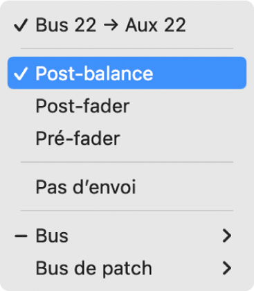 Figure. Sélection d’une option de cheminement du signal pour le potentiomètre Envoyer.