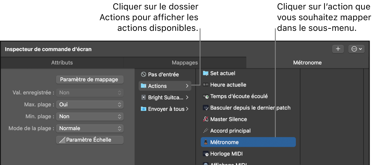 Figure. Mappage d’une commande à l’écran avec une action dans le dossier Actions.