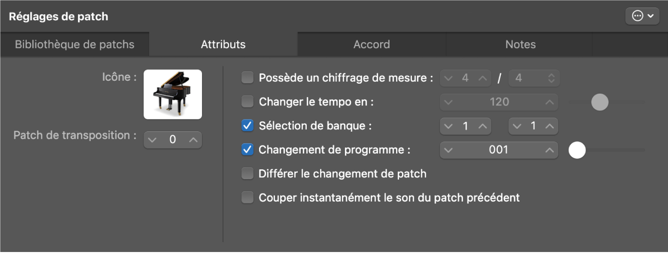 Figure. Inspecteur des réglages de patch ouvert sur l’onglet Attributs.