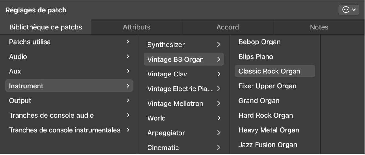 Figure. Bibliothèque de patchs avec réglage de patch sélectionné.