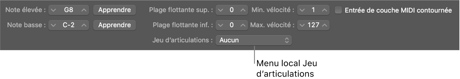 Figure. Menu local Jeu d’articulations.