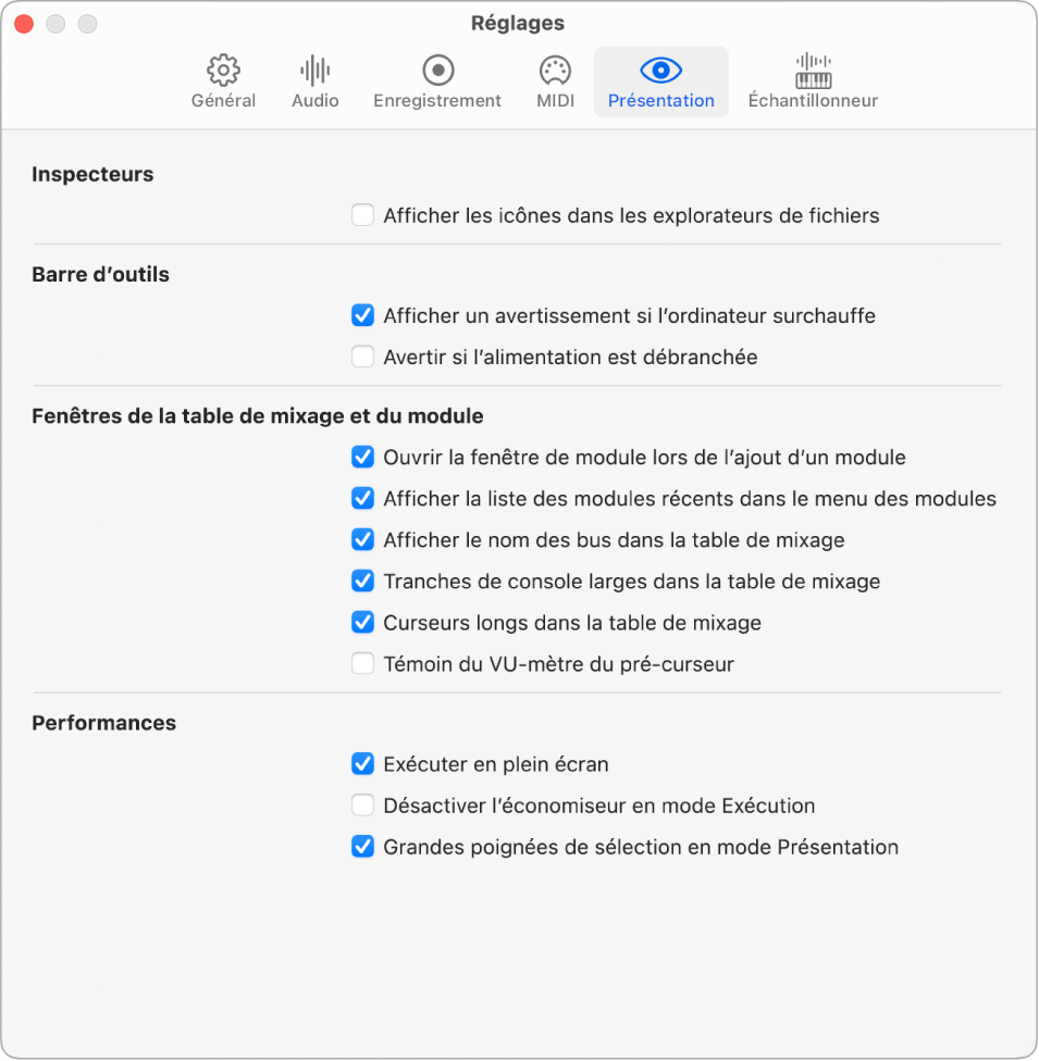 Figure. Fenêtre Réglages, Présentation.
