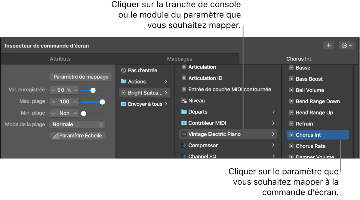 Figure. Mappage d’une commande à l’écran à l’aide du navigateur Mappage de paramètres.