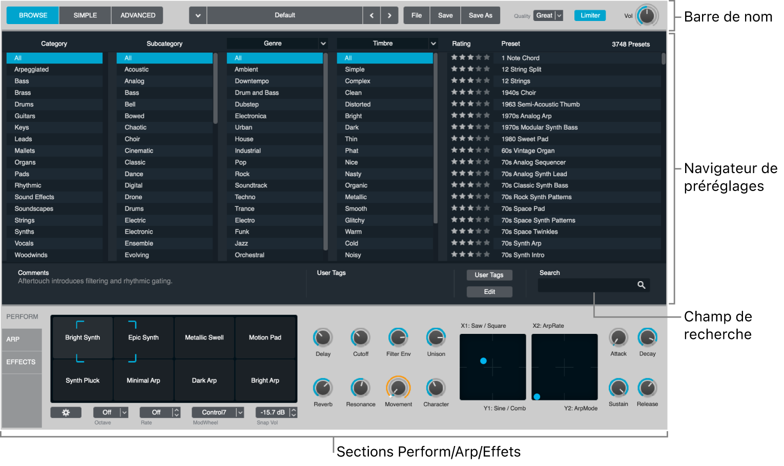 Figure. Présentation de navigation affichant la barre de nom, la liste de résultats du navigateur et la section d’exécution.