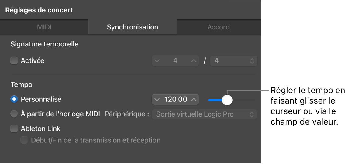 Figure. Utilisation du curseur Tempo dans la sous-fenêtre Synchronisation de l’inspecteur des réglages de concert.