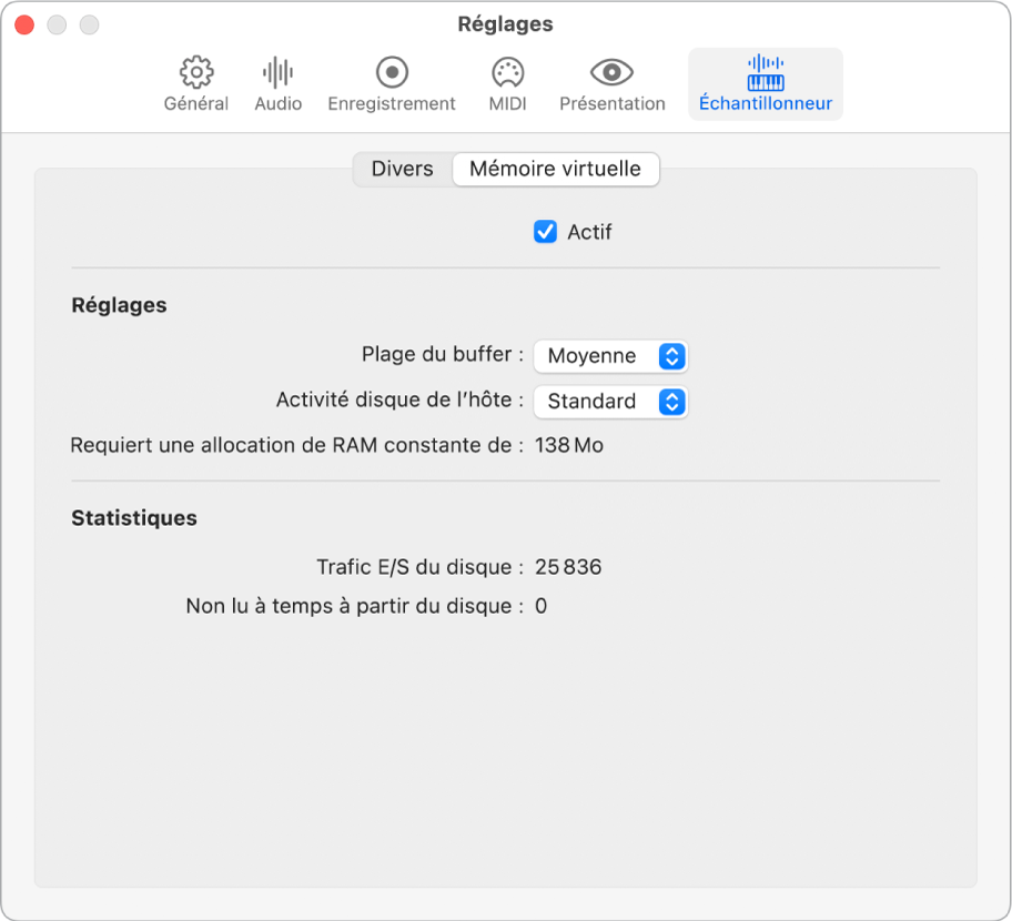 Fenêtre Réglages, Échantillonneur, Mémoire virtuelle.