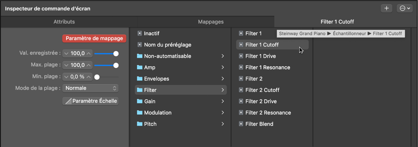 Figure. L’onglet Non mappé affiche le nom du paramètre mappé et l’étiquette affiche l’intégralité du chemin d’accès du paramètre mappé.